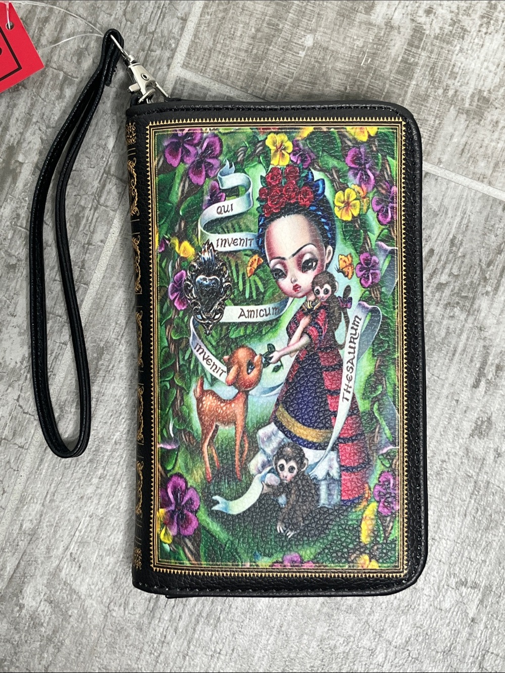 Frida-Inspired Art Wristlet in Black